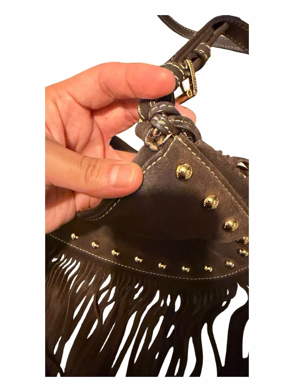 Michael Kors Brown Suede Fringe Crossbody with Gold MK Charm